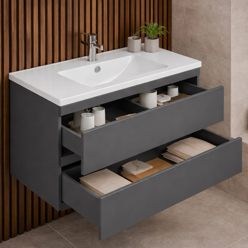 Bathroom vanity with open drawers and a white sink.