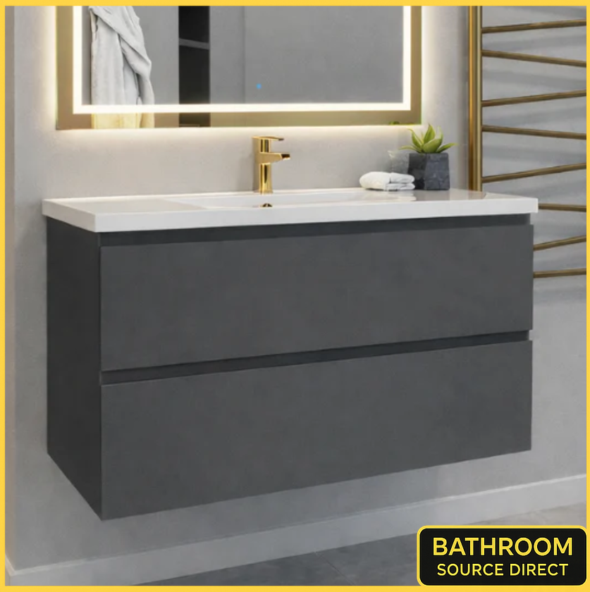 Bathroom vanity with sink and mirror in a modern bathroom setting.