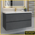 Bathroom vanity with sink and mirror in a modern bathroom setting.