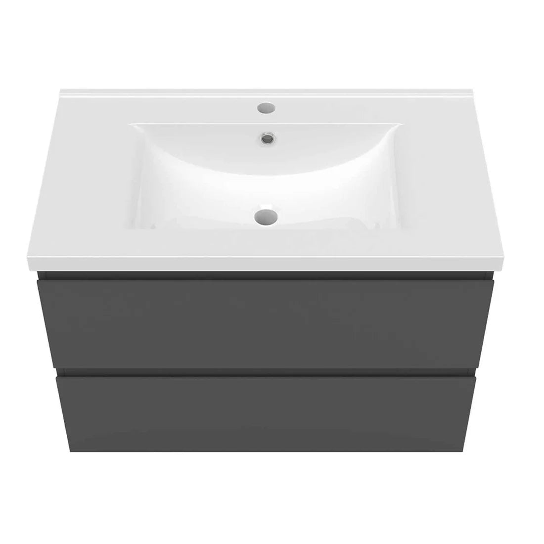 Bathroom vanity with white countertop and dark gray base cabinet on a white background