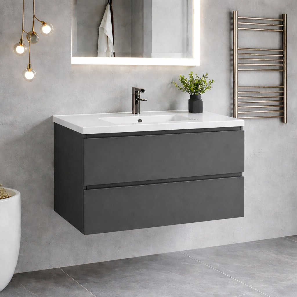 Modern bathroom with a gray vanity unit, sink, and decorative elements.