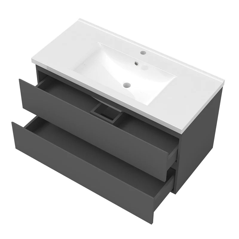 Bathroom vanity with white countertop and open drawer on a white background