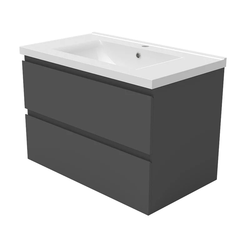 Bathroom vanity with white countertop and two drawers on a white background