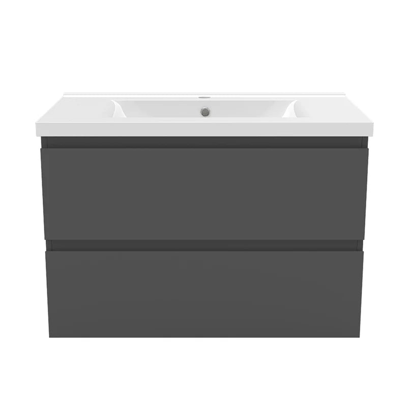 Bathroom vanity with white countertop and dark gray base cabinet on a white background