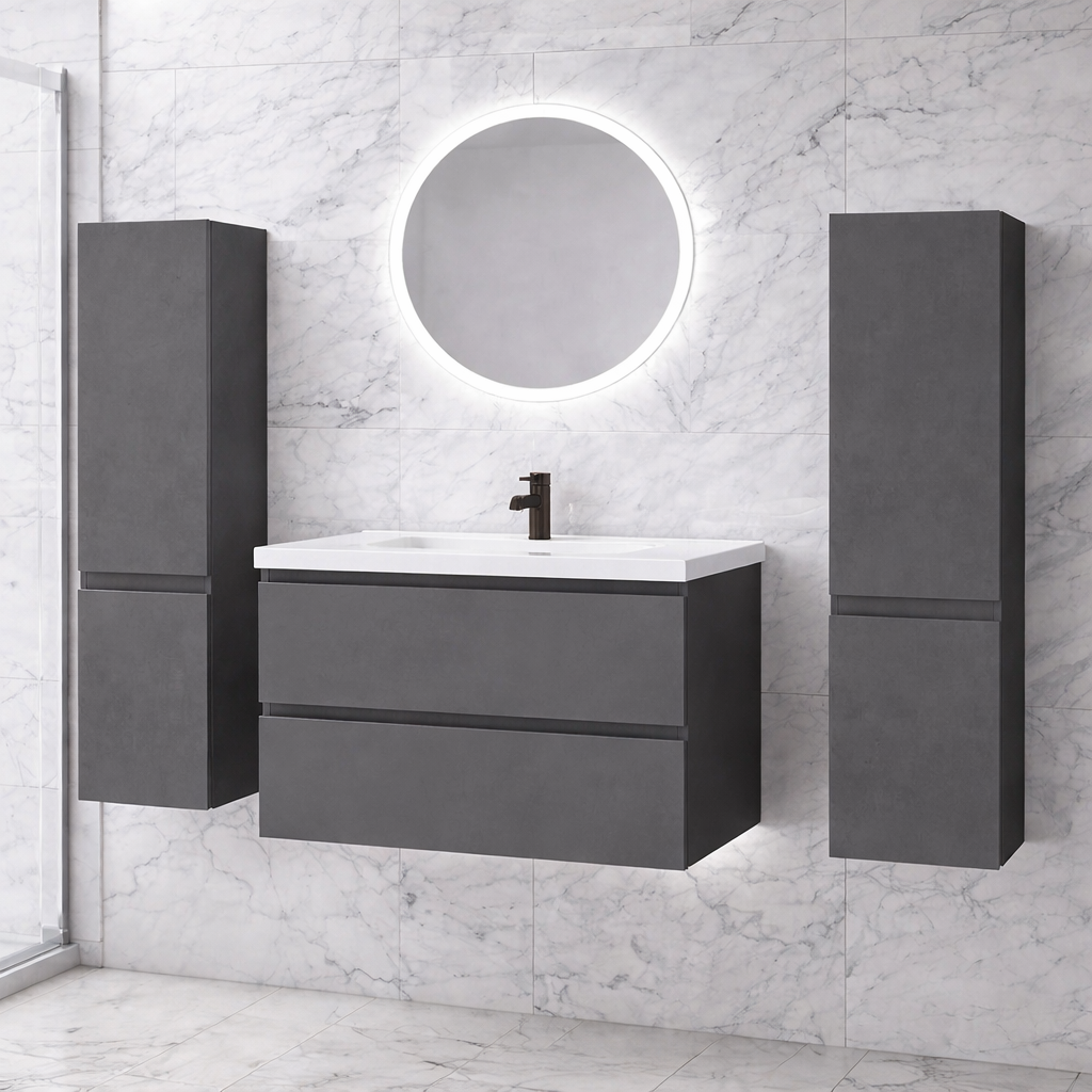 Bathroom vanity with sink, mirror, and cabinets against a marble wall.