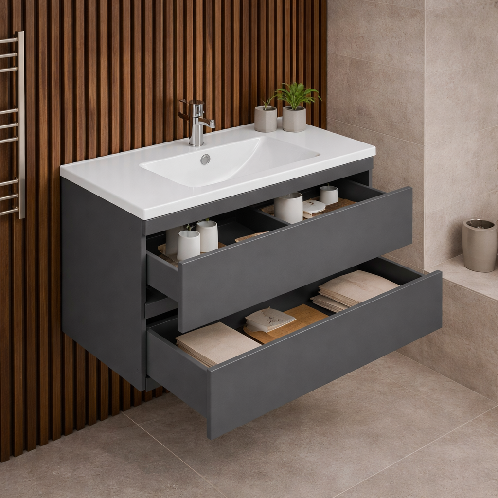 Bathroom vanity with open drawer displaying towels and toiletries against a wooden wall.