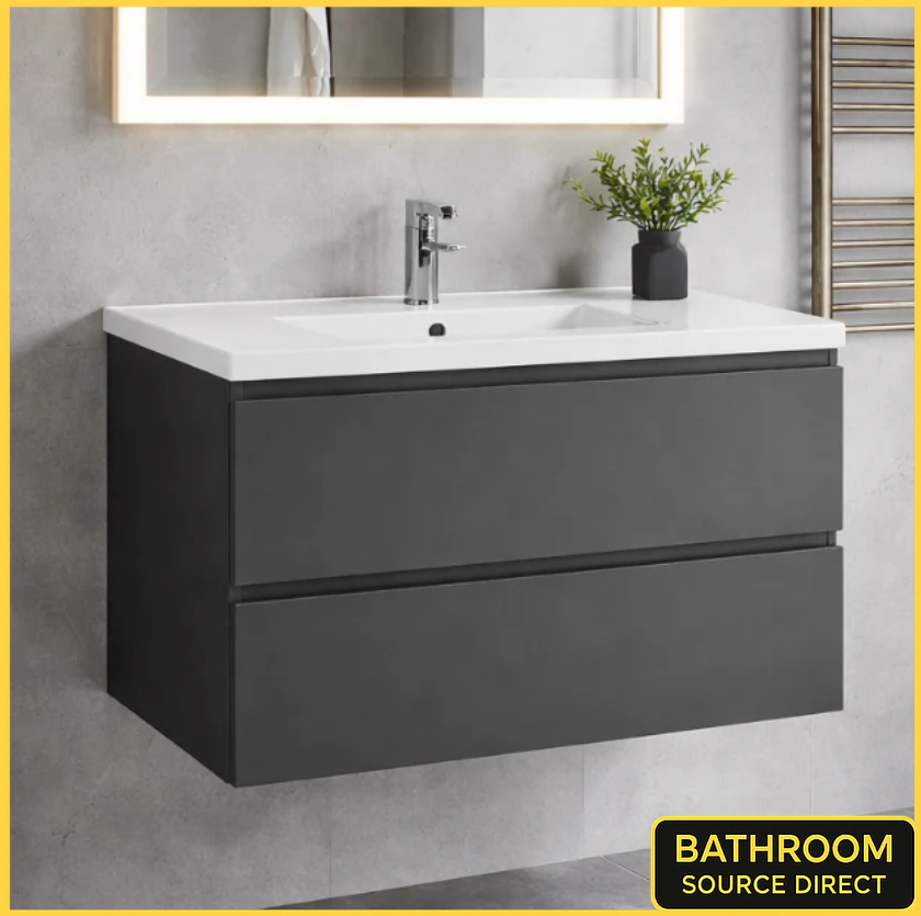 Bathroom vanity with sink and mirror in a modern bathroom setting.