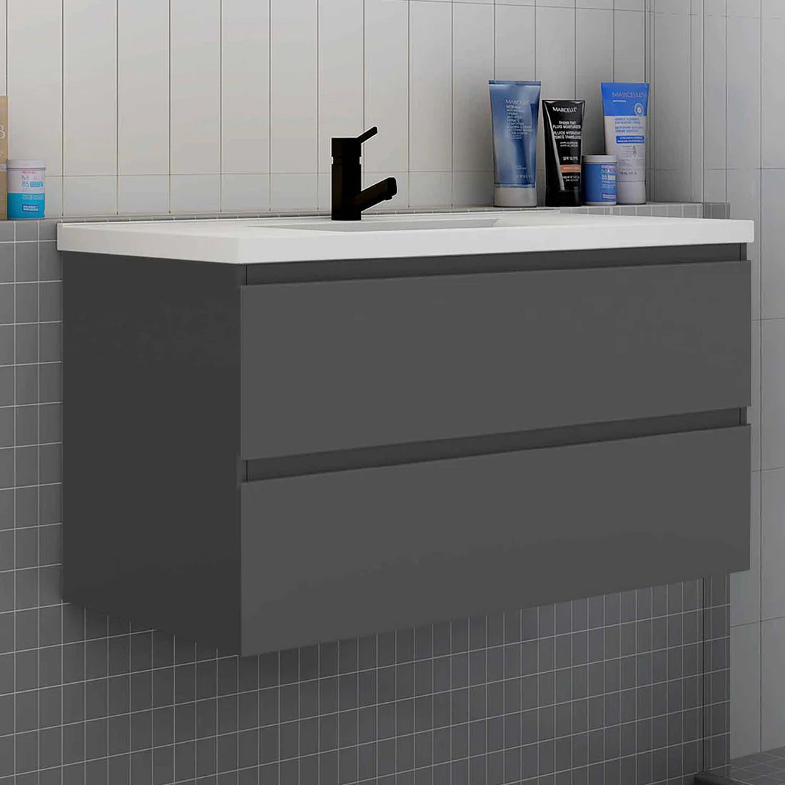 Grey wall hung vanity unit with basin and black tap in modern bathroom setting