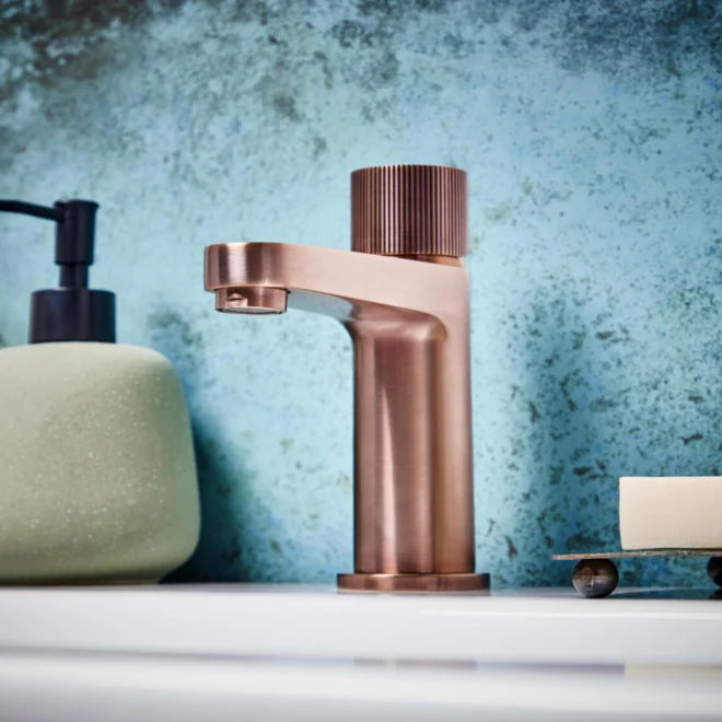 Qudo Roko Mono Basin Mixer Tap – Brushed Bronze – Fluted Knob Handle