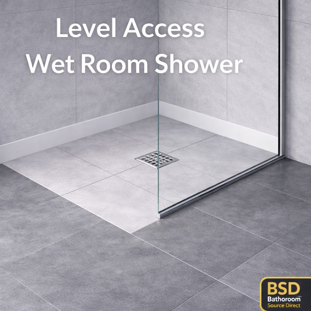Level access wet room shower with tiled floor and glass enclosure, BSD logo visible.
