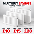 Promotional graphic showing four white radiators of different sizes on a light gray background, with text reading 'MULTI BUY SAVINGS' and purchase savings amounts from Buy 2 Save £10 to Buy 4 Save £20.