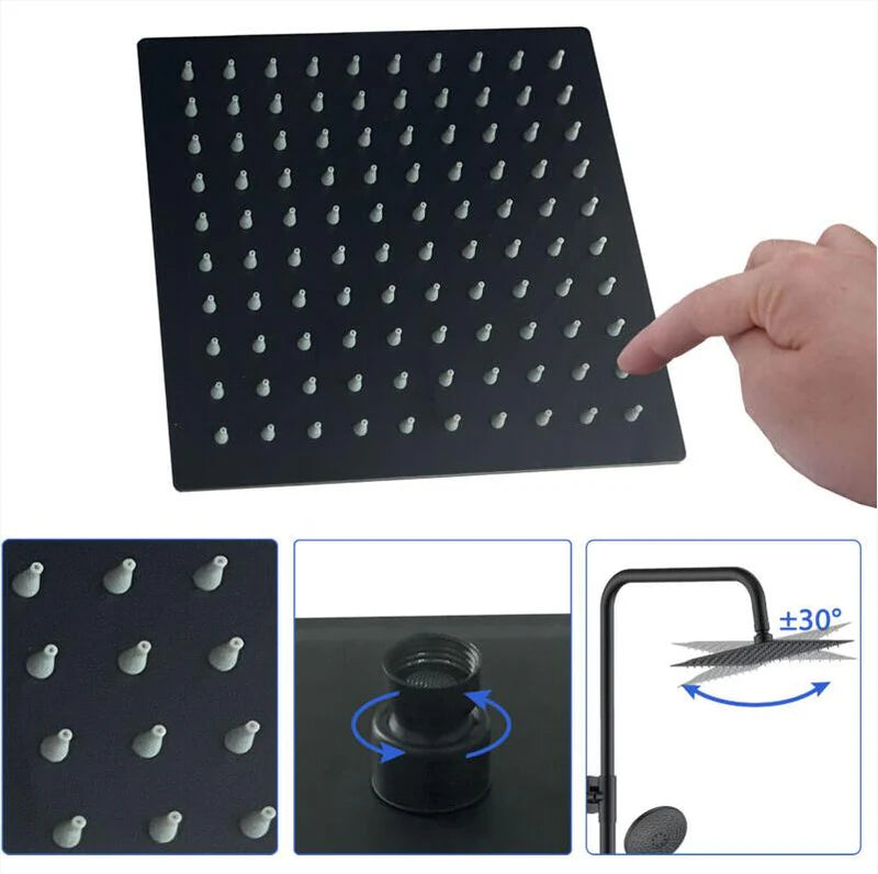 Black shower head with multiple nozzles and a hand pointing at it, with additional views and angles shown.