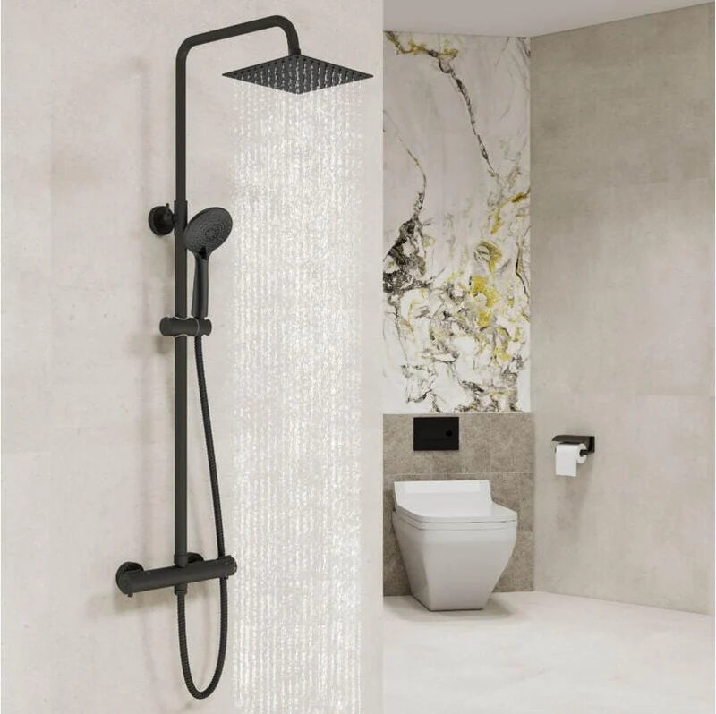 Nera matt black thermostatic shower riser kit with square drencher head and round bar valve
