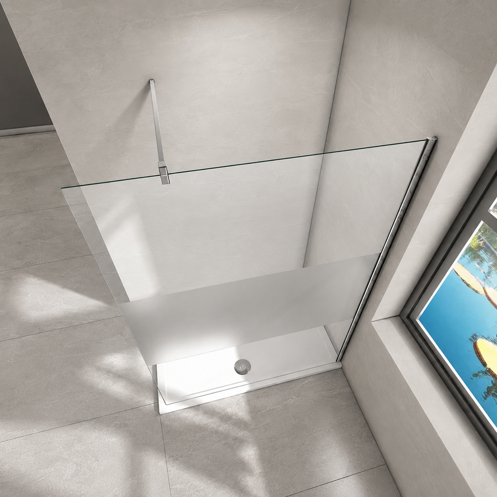 Overhead view of Vitrano shower screen showing the frosted centre privacy panel