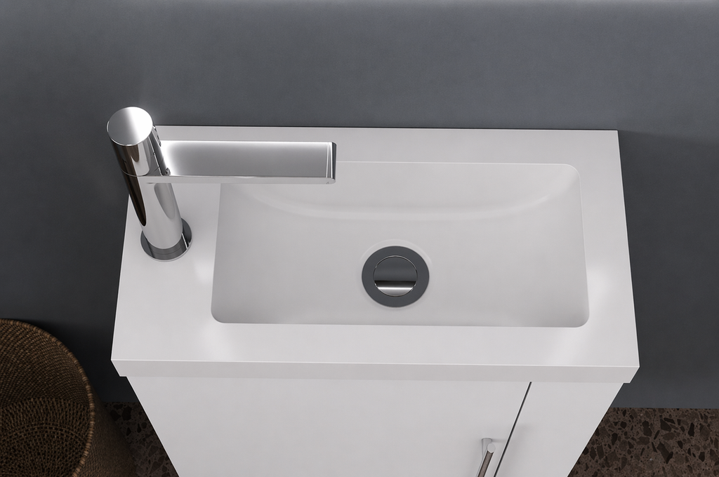 Siv 450mm ceramic basin top view with chrome mixer tap and waste