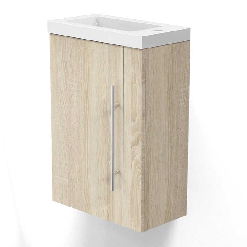 Siv 450mm oak wall hung vanity unit angled side view