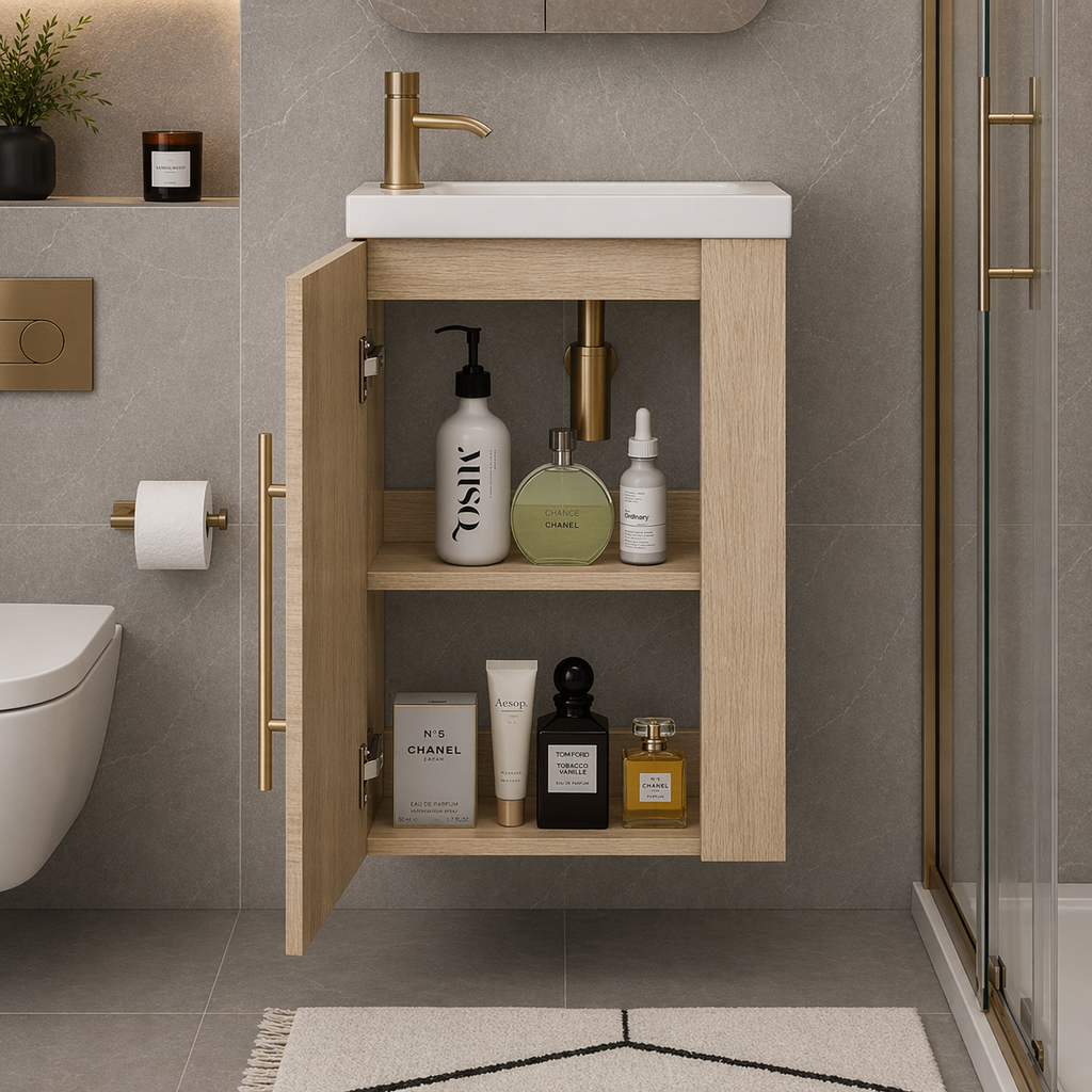Siv 450mm oak vanity unit with open storage shelving detail
