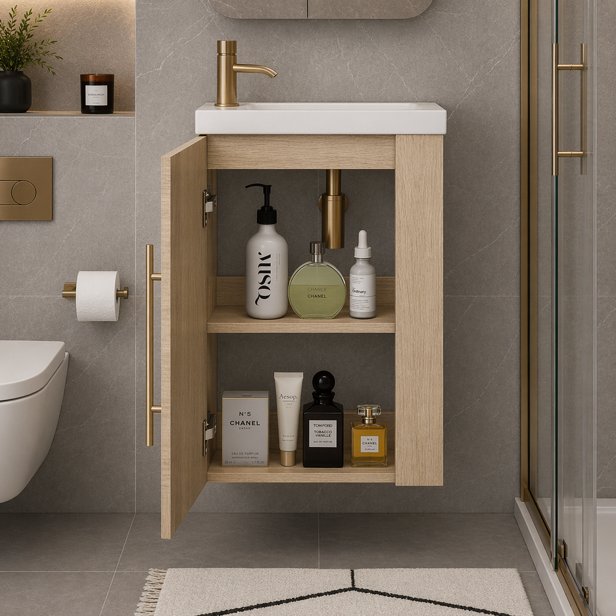 Siv 450mm oak vanity unit with open storage shelving detail
