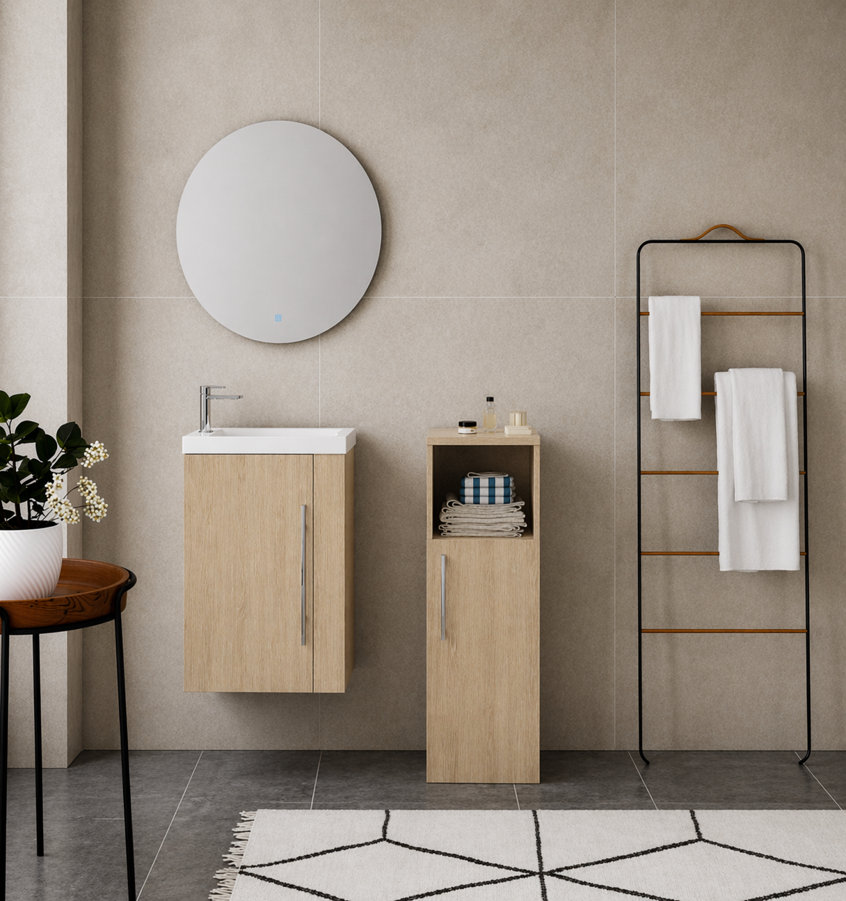 Siv 450mm wall hung oak vanity unit with basin and matching storage unit in modern bathroom setting