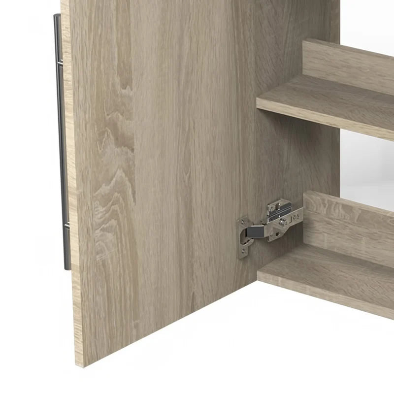 Wooden cabinet with open door showing hinge detail on a white background