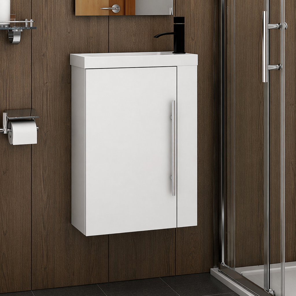 Bathroom with white cabinet, sink, and shower area.