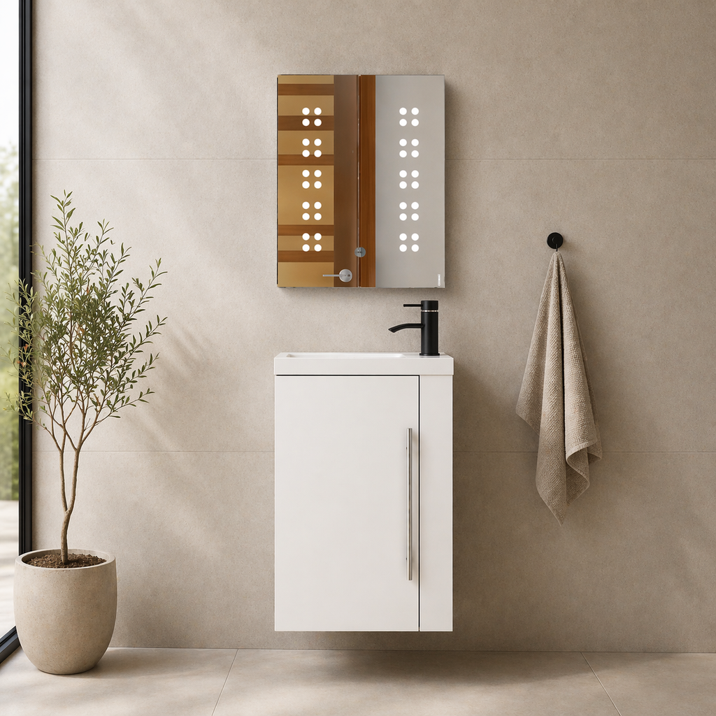 Modern bathroom with white vanity, mirror, and towel, featuring a plant.