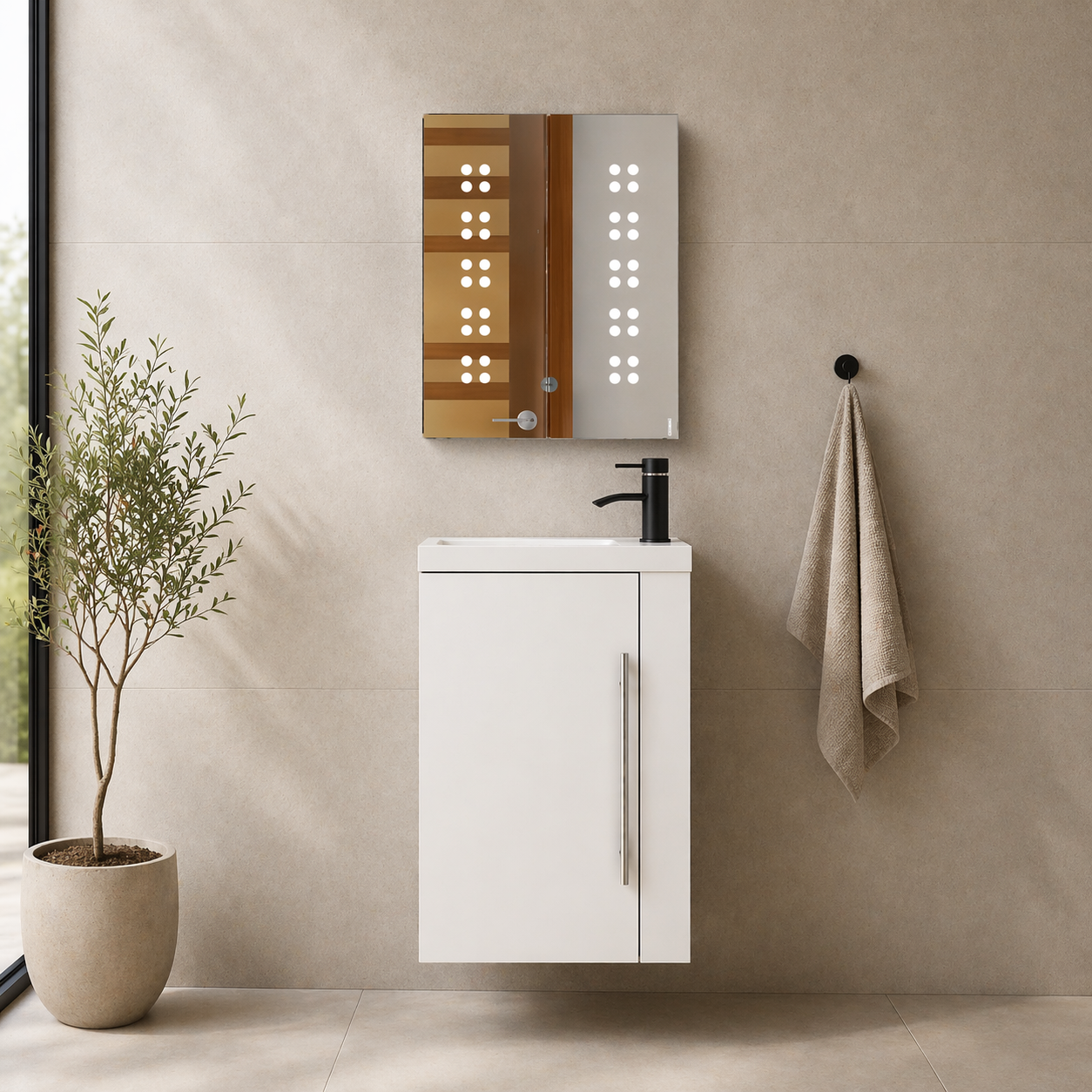 Modern bathroom with white vanity, mirror, and towel, featuring a plant.