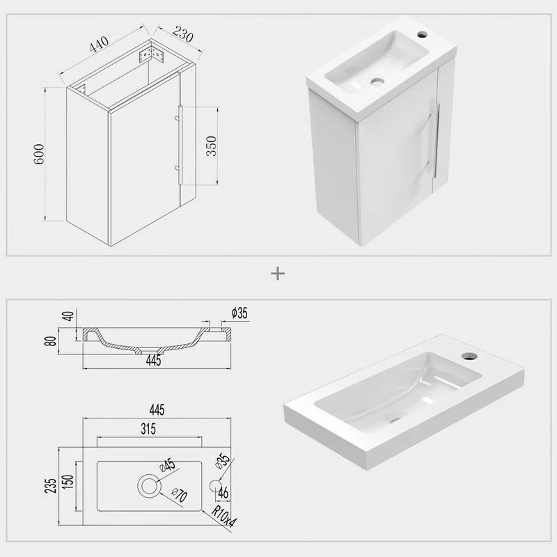 Bathroom vanity with dimensions and sink dimensions displayed on a white background