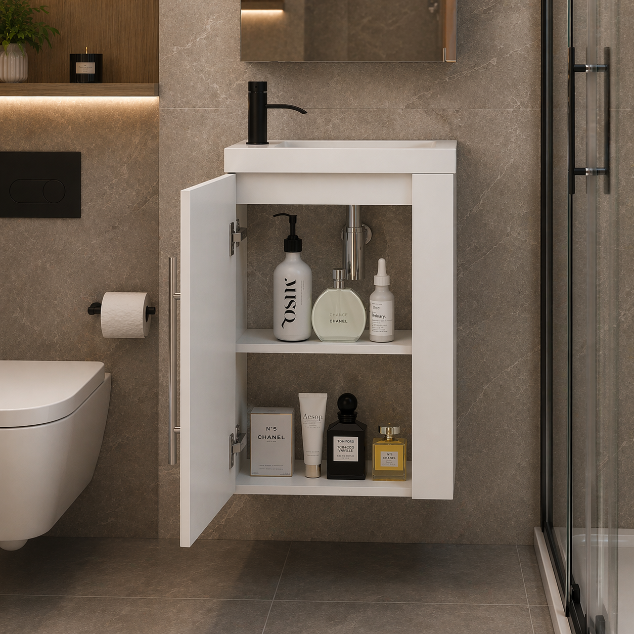 Siv 450mm vanity unit with open storage shelving detail