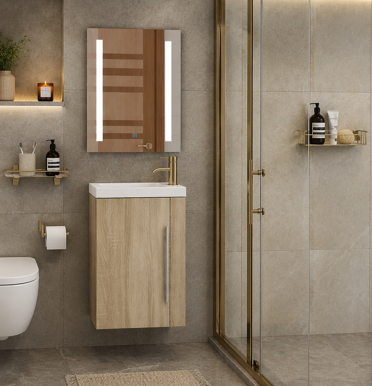 Modern bathroom with oak wooden vanity, mirror, and shower area.