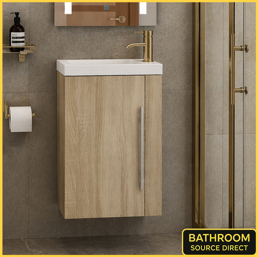 Siv 450mm wall hung vanity unit with basin oak front view
