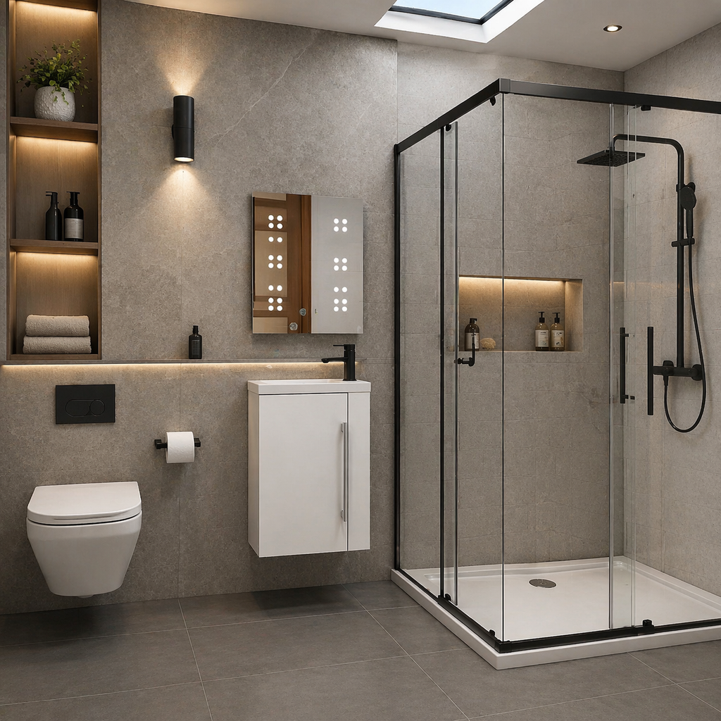 Siv 450mm wall hung vanity unit with basin in modern bathroom setting with shower enclosure