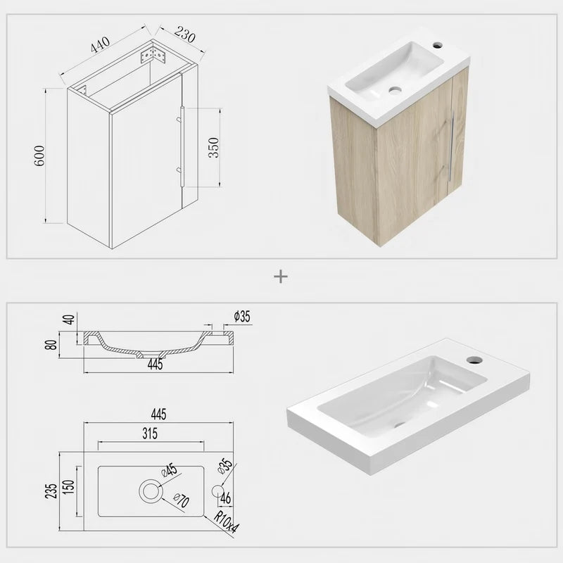Siv 450mm vanity unit dimensions technical drawing