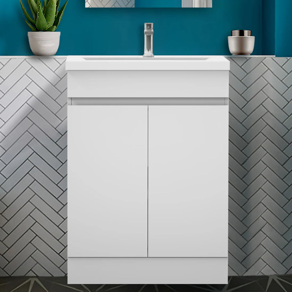 Siv 600mm floor standing white vanity unit with ceramic basin
