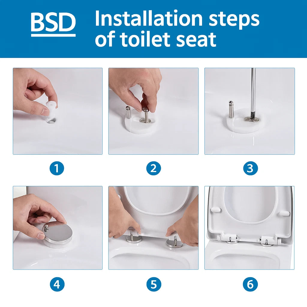 Step-by-step installation guide for a toilet seat with BSD branding.