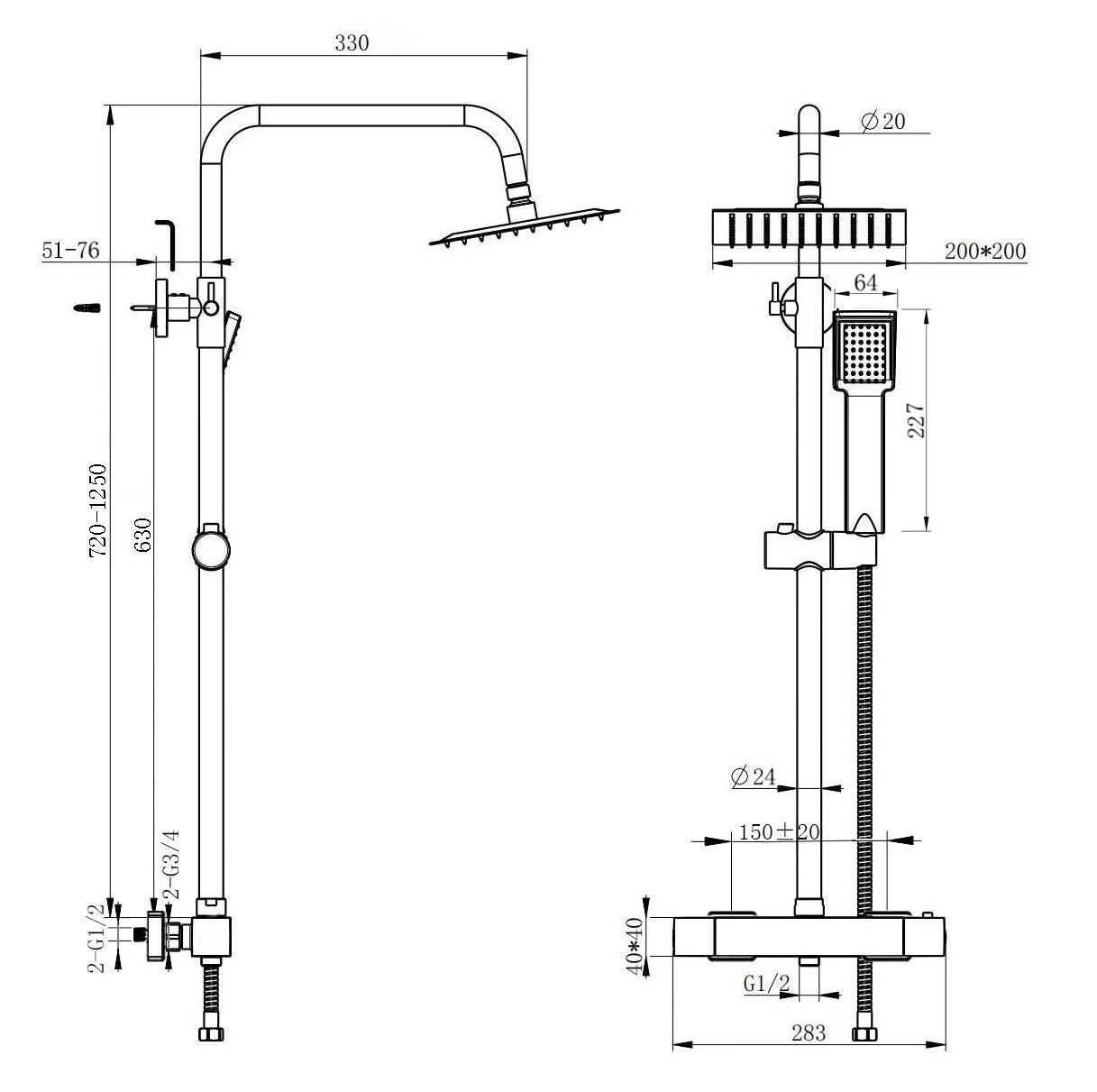 Technical drawing of a shower system with dimensions