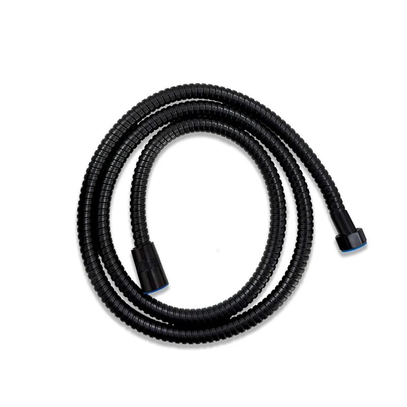 Coiled black Shower  hose on a white background