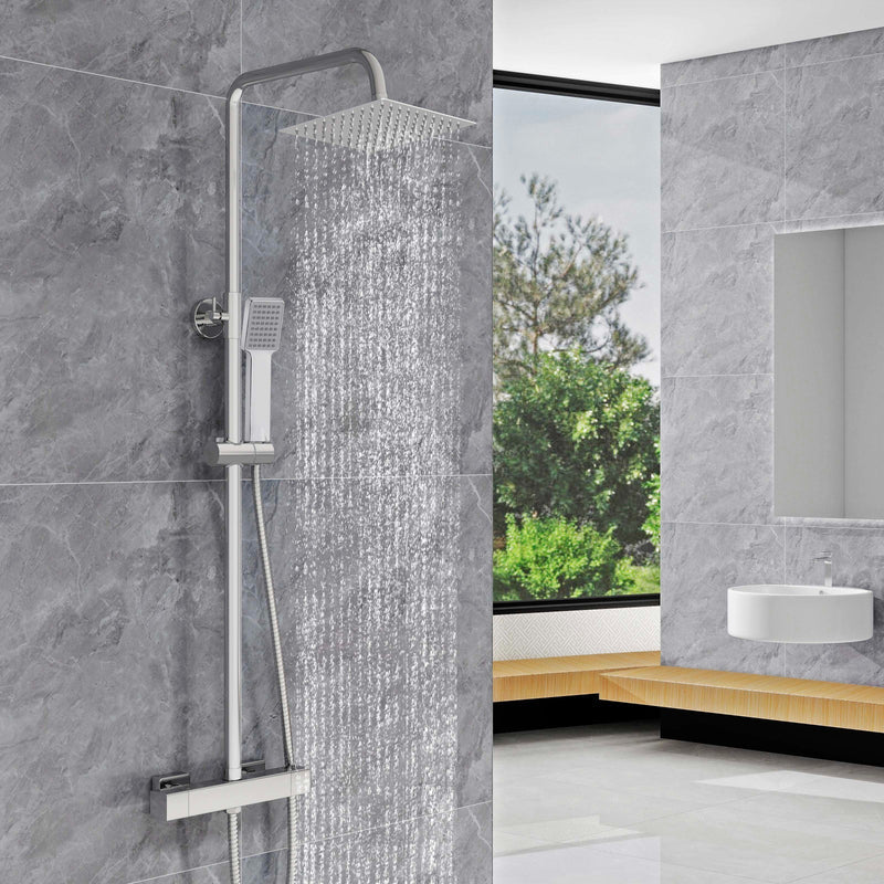 Tara square chrome thermostatic shower riser kit with rainfall head and handset
