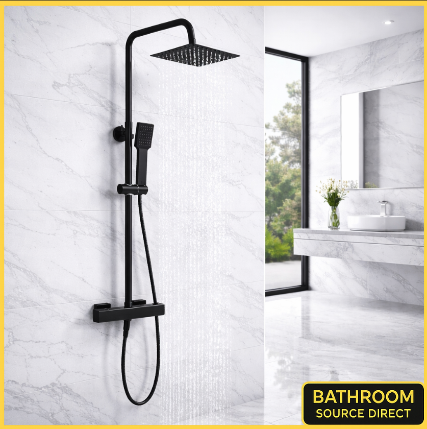 Tara square matt black thermostatic shower riser kit with rainfall head and handset
