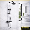 Tara square matt black thermostatic shower riser kit with rainfall head and handset
