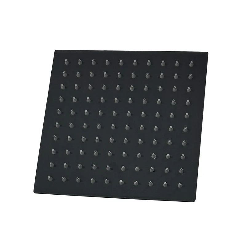 Black square shower head with multiple nozzles on a white background