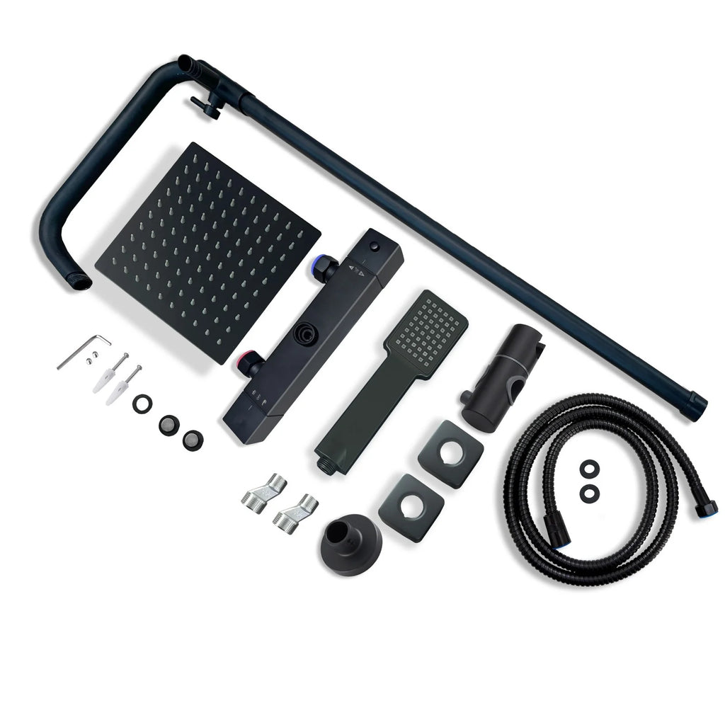 Set of black shower components including a shower head, hose, and various attachments on a white background.