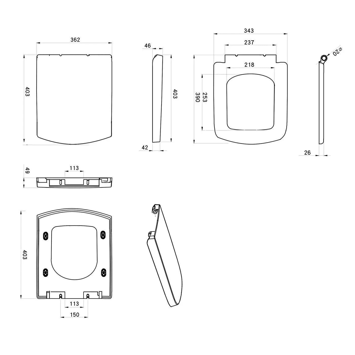 Technical drawing of a toilet seat with dimensions on a white background