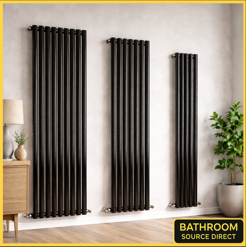 Thermwell Black Vertical Oval Tube Radiator – 1600mm Height Single Panel