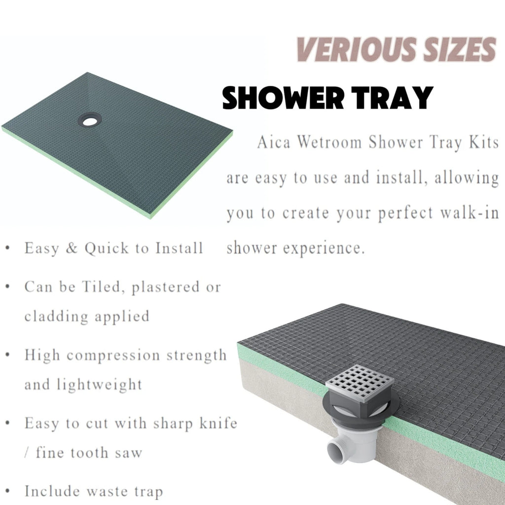 Aica Wetroom Shower Tray Kits with text detailing features and installation ease.