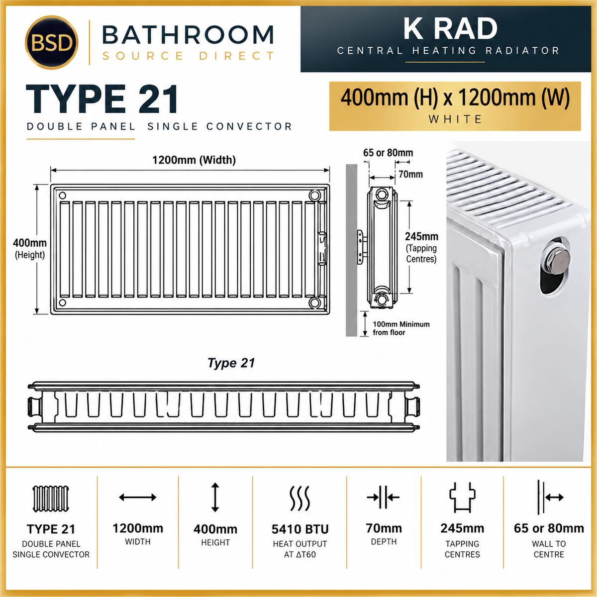 K Rad Type 21 Central Heating Radiator 1200mm Wide White