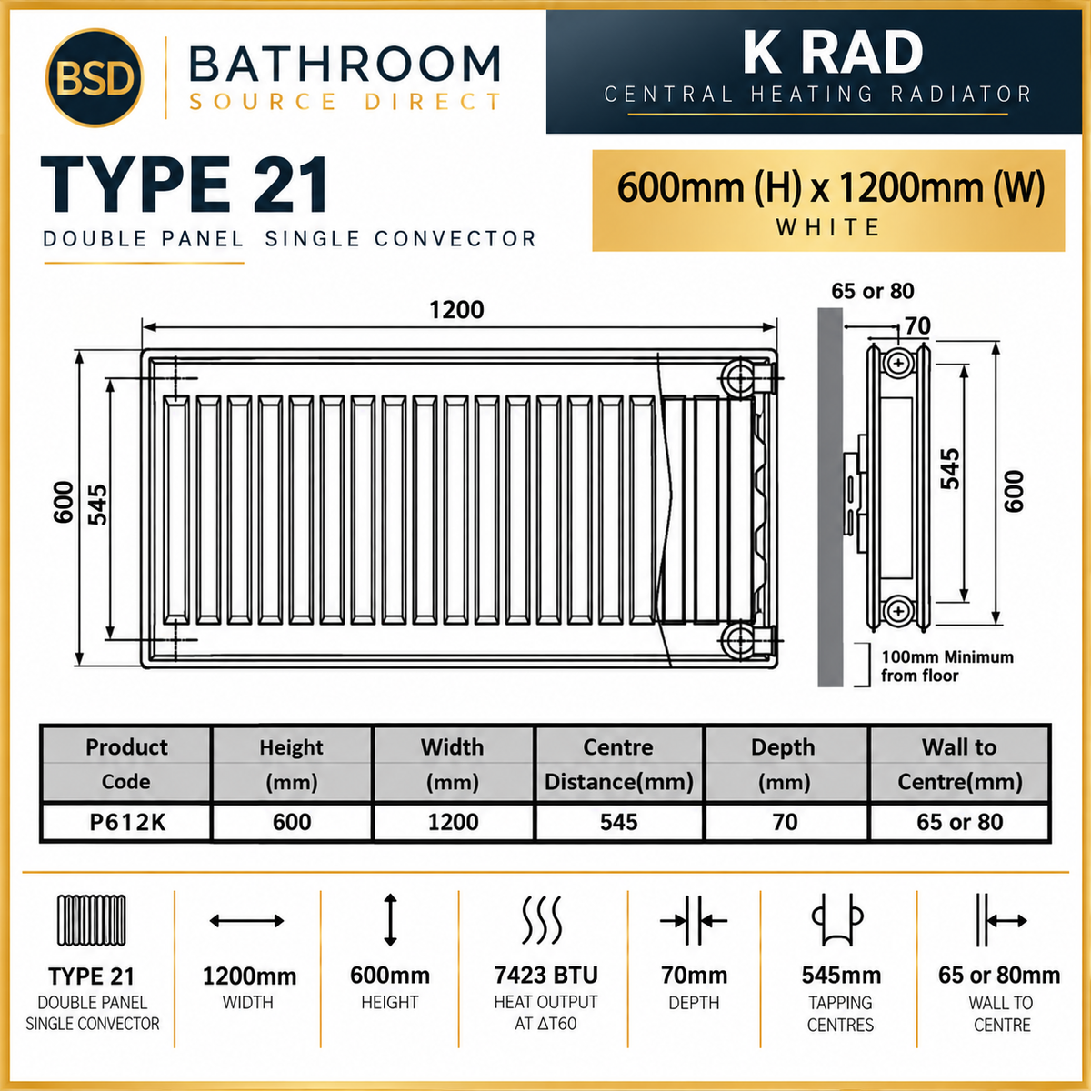 K Rad Type 21 Central Heating Radiator 1200mm Wide White