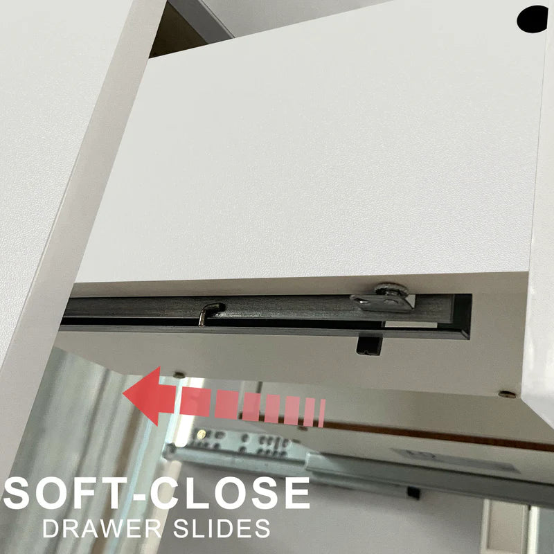 Close-up of a soft-close drawer slide mechanism with a red arrow pointing to it.