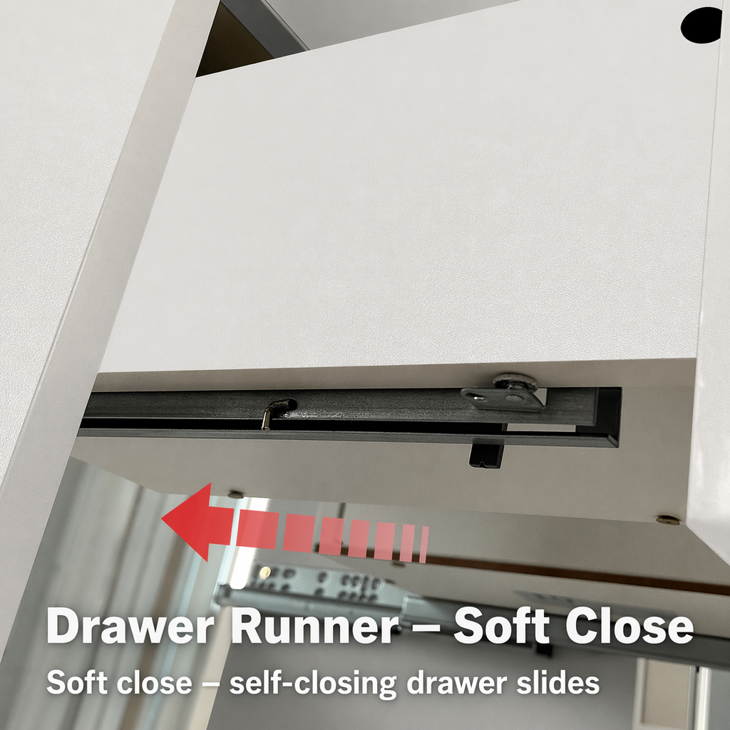 Vanity unit drawer runner showing soft close mechanism detail