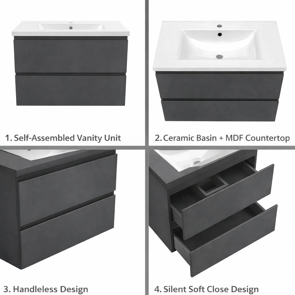 Grey vanity unit features including soft close drawers and handleless design